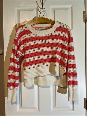 Pink Rose Cream and Red Striped Open-Knit Crew Sweater